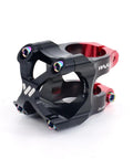 Black and red Ultra Light 35mm Mountain Bike Stem with 35mm bar clamp for 1-1/8 inch steerer, skeletonized design, lightweight 115g