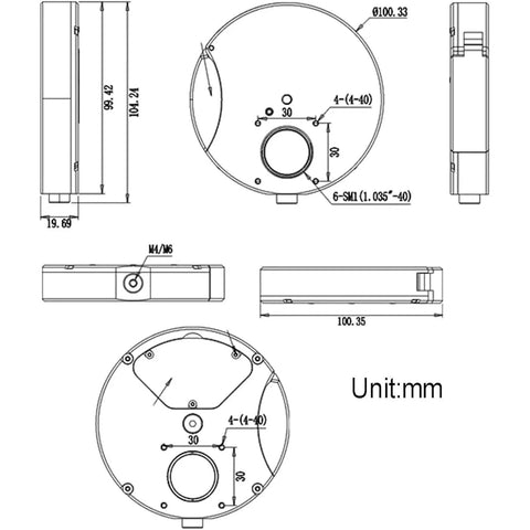 Technical drawing of Six Position Telescope Filter Wheel Gear With Aluminum Alloy Body And Sunshade, showing dimensions