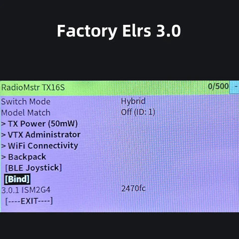 Screen display of RadioMstr TX16S showing Factory Elrs 3.0 settings for ExpressLRS 2.4GHz RX Nano Module With Dual Installation.