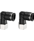 Two Pack Push To Connect Pneumatic Fittings 1/4 Inch NPT Female Elbow Adapter, 90 Degree Nickel Plated Brass, Black, side view