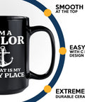 Sailor Coffee Mug 15oz Black My Boat Is Funny Boater Gift For Lake Lovers Nautical Coffee Cup with anchor and text design