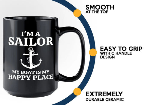 Sailor Coffee Mug 15oz Black My Boat Is Funny Boater Gift For Lake Lovers Nautical Coffee Cup with anchor and text design