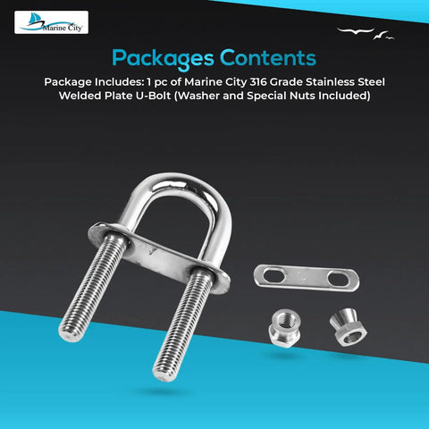 Badass 316 Stainless Steel U Bolt With Plates Nuts And Washers, 4.85 Inch long, includes washer and special nuts.
