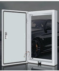 Built Tough Ev Charger Enclosure With Rear Vented Cooling And Complete Weather Rain Hood To Shield Ya Electric Vehicle Station, open view with lock.