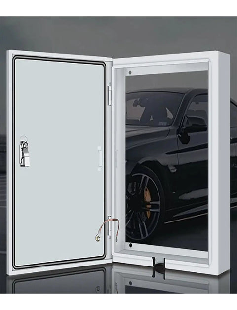 Built Tough Ev Charger Enclosure With Rear Vented Cooling And Complete Weather Rain Hood To Shield Ya Electric Vehicle Station, open view with lock.