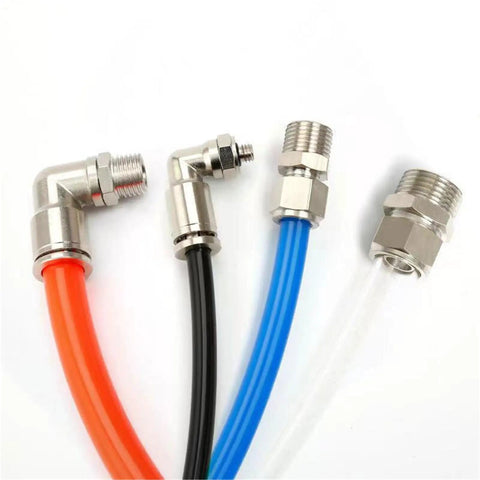 Straight Up Heavy Duty Gas And Pneumatic Tubing Hose With Smooth Airflow Compatible With Standard Air Compressors Includes One Two Meter Black Pu Pipe For Quick Swap Jobs, featuring colorful hoses and metal fittings.