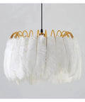 Feather Lamp Pendant Light Chandelier for Dining Room Living Bedroom Nordic Drop Lighting with white feathers and gold accents.