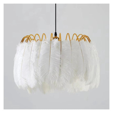 Feather Lamp Pendant Light Chandelier for Dining Room Living Bedroom Nordic Drop Lighting with white feathers and gold accents.