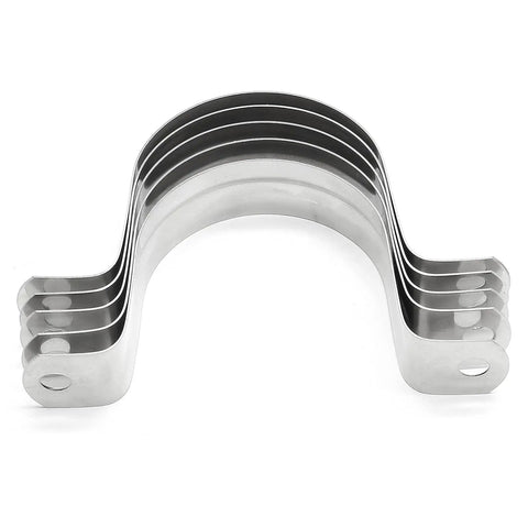 Ten Pack Two Inch Stainless Steel Conduit Clamps With Two Hole U Brackets for industrial use, stacked view.