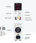 Front and back view of Pro Grade Adjustable DC Power Supply 0 To 30 Volts And 0 To 10 Amps With Digital Readout and labeled features.