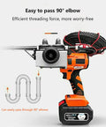 Professional Grade Cordless Electric Wire Threader With 800W Brushless Motor And Non Slip Rubberized Grip Designed For Straight Up Pro Job Sites displaying threading tool with wire and elbow fittings.