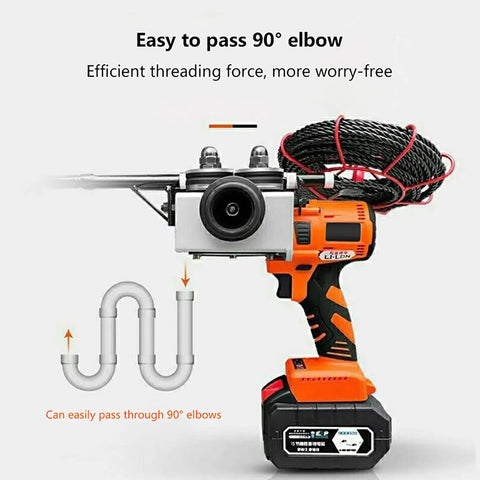 Professional Grade Cordless Electric Wire Threader With 800W Brushless Motor And Non Slip Rubberized Grip Designed For Straight Up Pro Job Sites displaying threading tool with wire and elbow fittings.