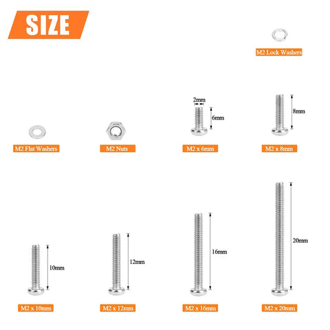 Hella Durable 304 Stainless Steel M2 Screw Set With 420 Pieces Assorted Hex Button Head Cap Bolts Nuts And Washers From 6mm To 20mm arranged by size.