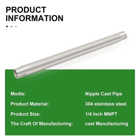Two Pack 304 Stainless Steel Pipe Nipples With One Quarter Inch NPT Male Threads, 12 Inch Length, Heavy Duty Cast Pipe Fittings