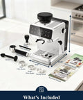Twenty Bar Bean To Cup Espresso Machine With Built In Conical Burr Grinder Delivering Forty Four Precision Grind Settings And A Clever Touchscreen Interface For Game Changing Daily Latte Creations At Home with accessories including tamper and cleaning brush.