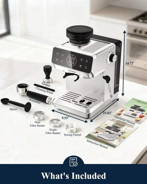 Twenty Bar Bean To Cup Espresso Machine With Built In Conical Burr Grinder Delivering Forty Four Precision Grind Settings And A Clever Touchscreen Interface For Game Changing Daily Latte Creations At Home with accessories including tamper and cleaning brush.