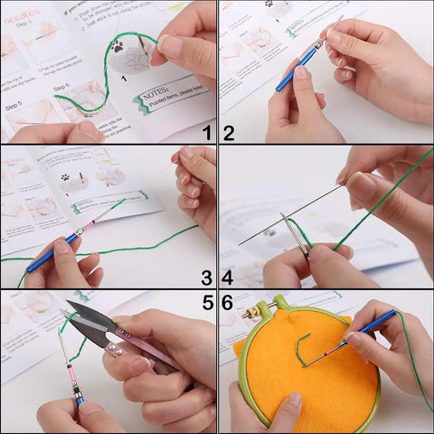 Hands using Beginner Friendly Punch Needle Embroidery Kit With 43 Pieces For DIYers Includes Russian Style Large And Small Needles