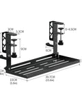 Heavy Duty Under Desk Cable Organizer with clamp mounts, 39.7cm wide, black carbon steel, holds cables and devices.