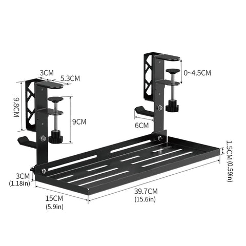 Heavy Duty Under Desk Cable Organizer with clamp mounts, 39.7cm wide, black carbon steel, holds cables and devices.