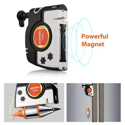Pro Plumb Bob With Auto Retracting String 8m 26ft Nylon Cord 15oz Weight shown with magnetic surface hook and powerful magnet.