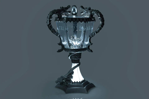 Triwizard Cup Replica Mood Light LED Lamp Battery Powered 13 Inch Tall Silver Decor For Wizarding World Fans glowing on display