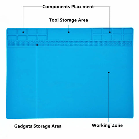 Top view of Blue Anti Static ESD Mat For Workbench And Desk 13.8 By 9.8 Inch Silicone Solder Pad with designated areas and labels.