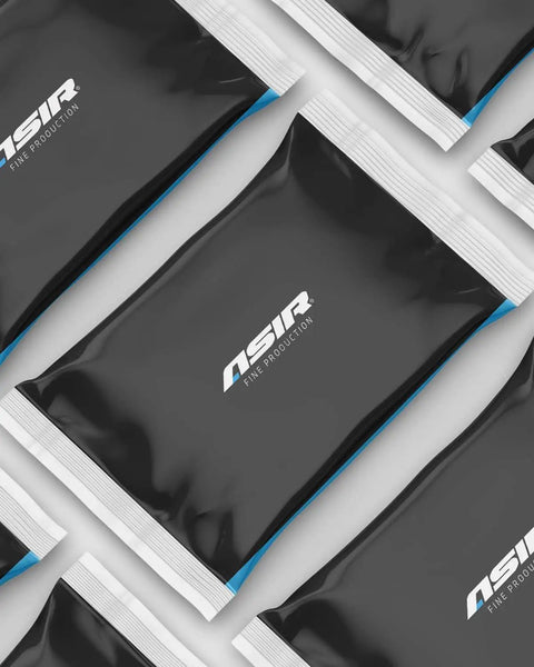 Black and white packaging for ASIR products with blue accents, arranged in a pattern.