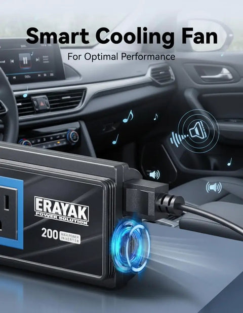 Smooth Moves 200W Car Power Inverter DC 12V to 110V AC with dual US outlets and USB C fast charger plug in car interior.