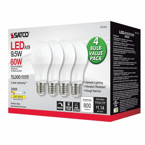 4 Pack 9.5W A19 LED Light Bulbs Warm White 3000K Stay Lit Medium Base Frosted Finish Damp Location Rated 15,000 Hour Life