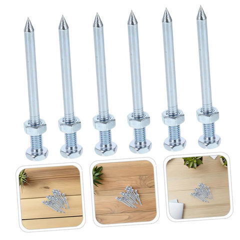 Heavy Duty Lawn Aerator Shoes With Replaceable Metal Spikes 12 Pack, detailed view of metal spikes and bolts on wooden surface.