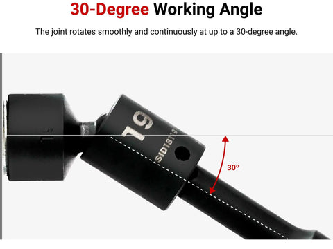 Close-up of a 3/8 Inch Drive Shallow 6 Point Universal Joint Impact Socket 14mm Pinless Ball And Socket showing 30-degree working angle.