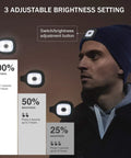 Light Up Beanie With Hands Free LED Light USB Rechargeable Knit Hat showing brightness settings