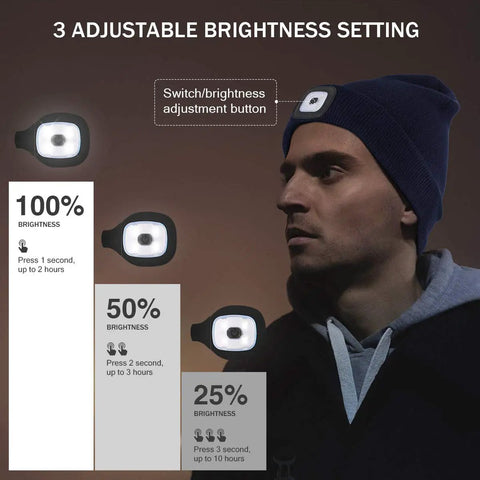 Light Up Beanie With Hands Free LED Light USB Rechargeable Knit Hat showing brightness settings