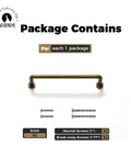 Package contents of 10 Pack 5 Inch Center To Center Antique Brass Kitchen Cabinet Pulls with screws and knobs for installation.
