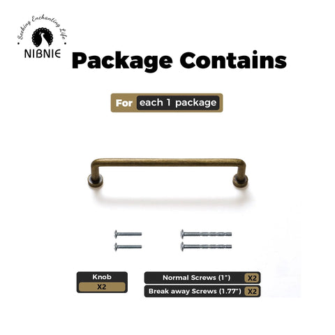 Package contents of 10 Pack 5 Inch Center To Center Antique Brass Kitchen Cabinet Pulls with screws and knobs for installation.