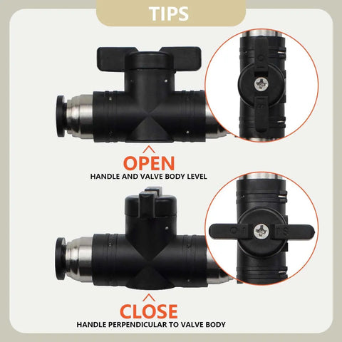 Set Of 3 6mm Pneumatic Ball Valves Push To Connect Fittings open and close mechanism tips with close-up inset view
