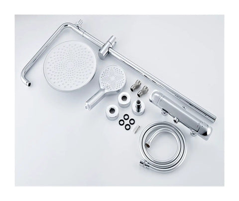RIBEUJIZS Digital Shower System components including shower head, hand sprayer, and connecting parts in sleek chrome finish.
