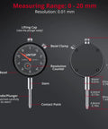 Pro Grade Dial Indicator With Magnetic Base 176 Lbs 80 Kg 1 Inch 0.001 Inch Imperial Dial Test Gauge Set With Storage Case For Lathe 3D Printer CNC Car Workshop 0.01mm dial face and stem details