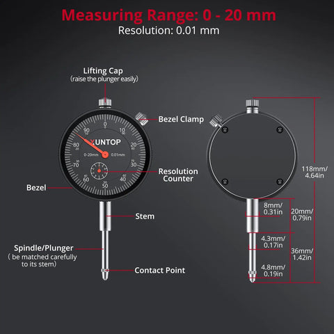 Pro Grade Dial Indicator With Magnetic Base 176 Lbs 80 Kg 1 Inch 0.001 Inch Imperial Dial Test Gauge Set With Storage Case For Lathe 3D Printer CNC Car Workshop 0.01mm dial face and stem details