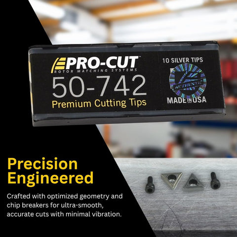 Box of Premium Carbide Cutting Tips for Brake Lathe Rotor Matching Systems, showing Pro-Cut branding and 10 pack, Made in USA.