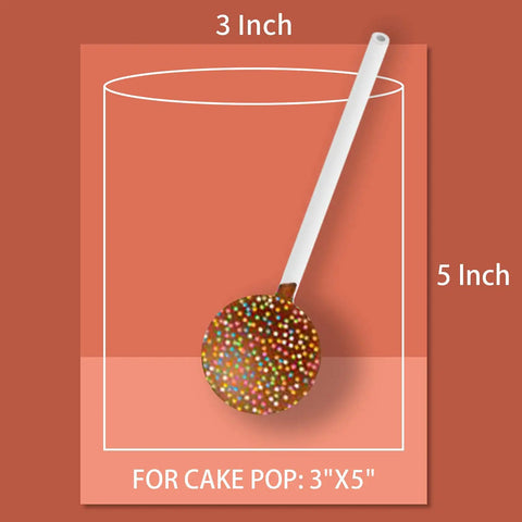 Illustration showing clear 3x5 inch cake pop bag with a lollipop inside, highlighting size for treats, cellophane material, DIY favors.