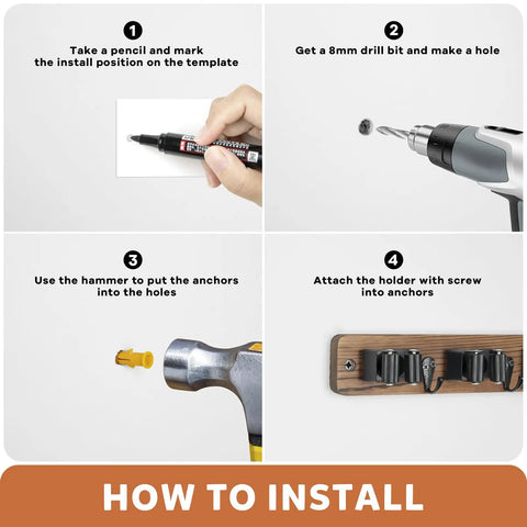 Installation steps for Rustic Wood Broom Holder Wall Mount With 5 Racks And 4 Hooks for laundry room organization and storage.