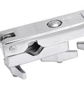 Close-up of a heavy duty drum set clamp holder for cowbell bracket with 12cm rod, silver metal mount for percussionists.