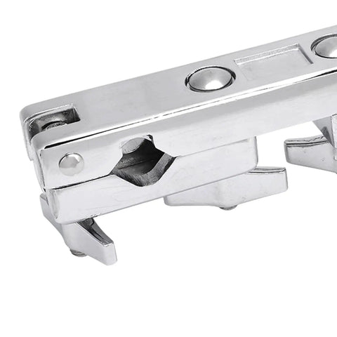 Close-up of a heavy duty drum set clamp holder for cowbell bracket with 12cm rod, silver metal mount for percussionists.
