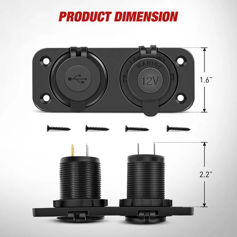 Hella Fast Pd Type C And Qc 3.0 Usb Outlet Panel dimensions with 12V and USB ports, screws included for dash mount installation.