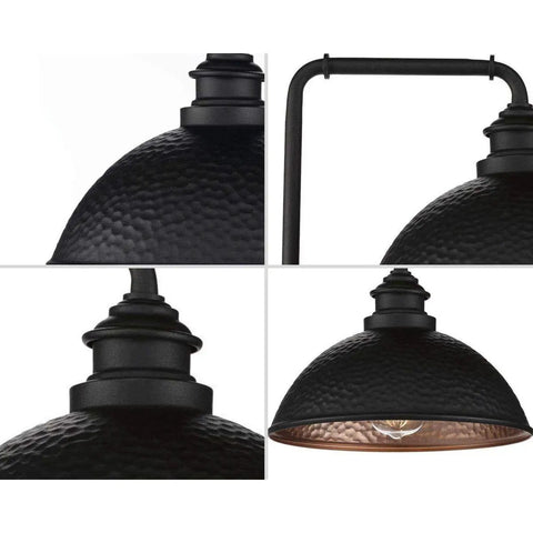 Englewood Collection 1 Light Farmhouse Outdoor Post Lantern in Textured Black with Hammered Steel Shade and Industrial Pipe Arm details