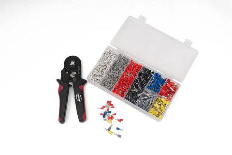 Self Adjusting Ratchet Ferrule Crimping Tool Kit With 1800-Piece Wire Ferrules, Red Black Pliers, Assorted Ferrules, Open Box