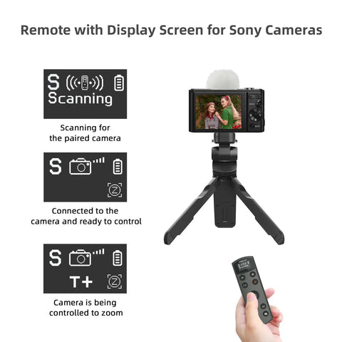 Vlogging Hand Grip Tripod With OLED Rechargeable Wireless Cam Remote beside Sony camera, demonstrating zoom control