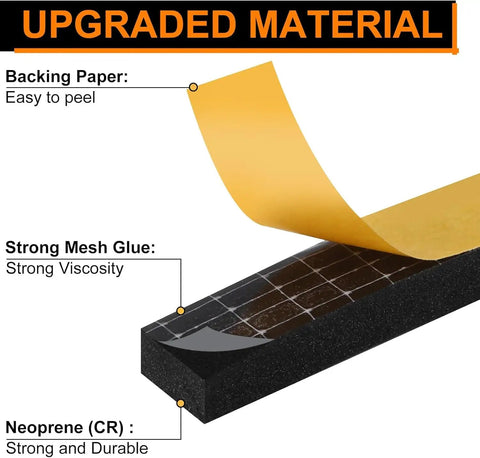 Badass Durable Door Weather Stripping 66FT Neoprene Draft Blocker Tape showing strong mesh glue and easy peel backing paper.