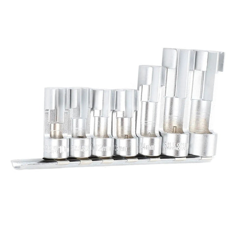 Pro Grade 7 Piece O2 Sensor Socket Set With Cross Hole Design For Rapid Oxygen Sensor Extraction and Straight Shooting Auto Repairs showing seven chrome sockets.